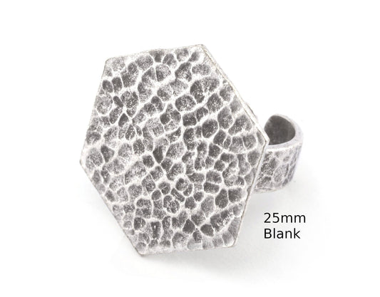 Hexagonal Hammered Adjustable Ring Blank - Antique Silver Plated Brass (25mm Blank ) 4952