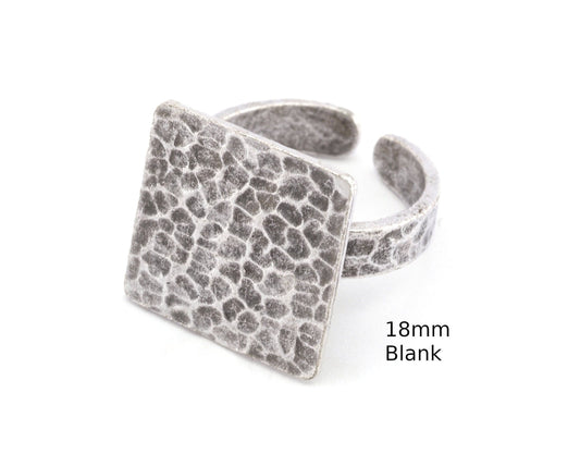 Square Hammered Adjustable Ring Blank - Antique Silver Plated Brass (18mm Blank ) 4950