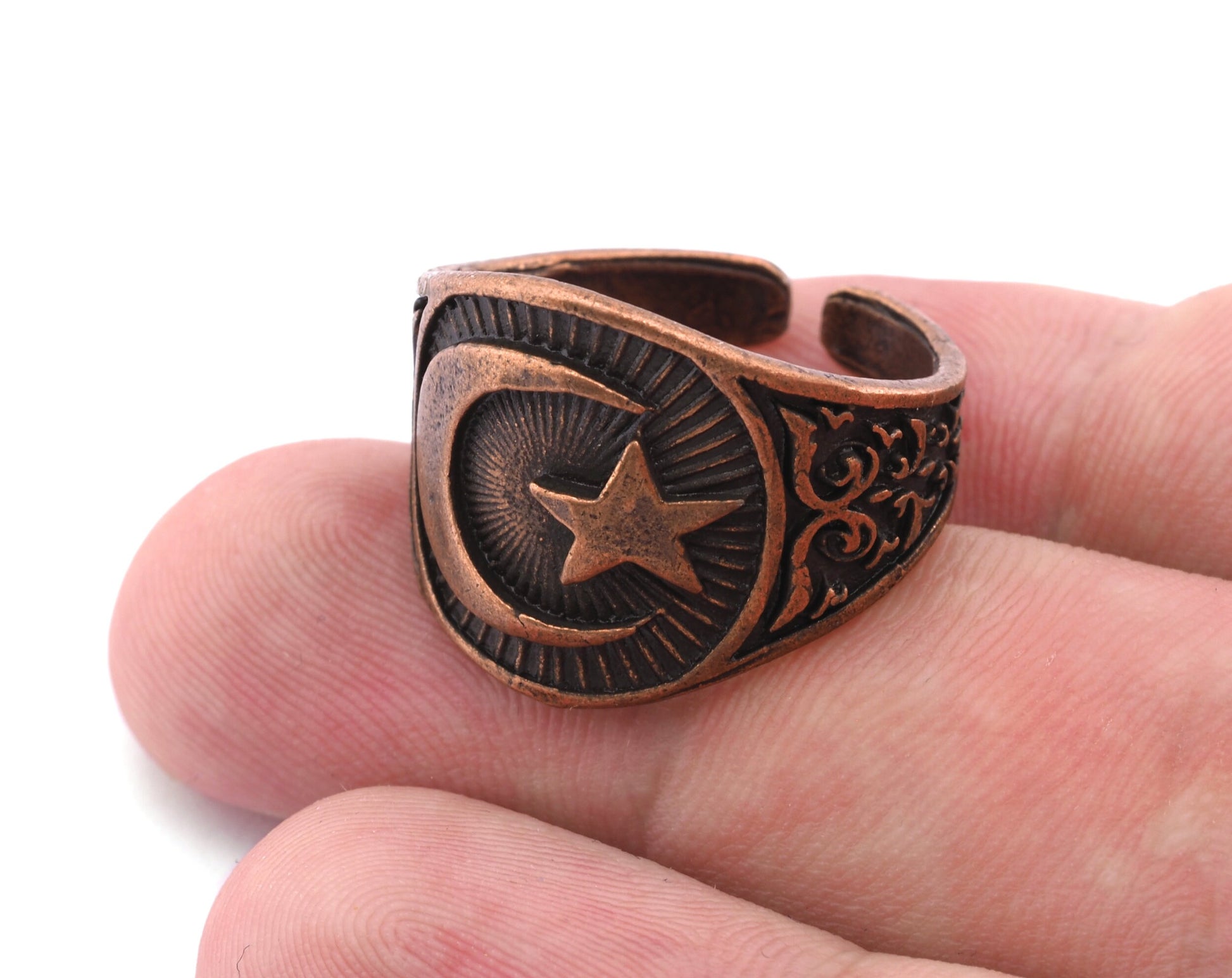 Signet Ring Crescent Star Adjustable Ring Antique Copper Plated brass (20mm 10US inner size) OZ3827