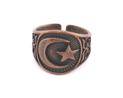 Signet Ring Crescent Star Adjustable Ring Antique Copper Plated brass (20mm 10US inner size) OZ3827