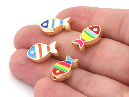 Fish Colorful Enamel Beads Charms Enamel Filled Gold Tone 16x10mm 4941