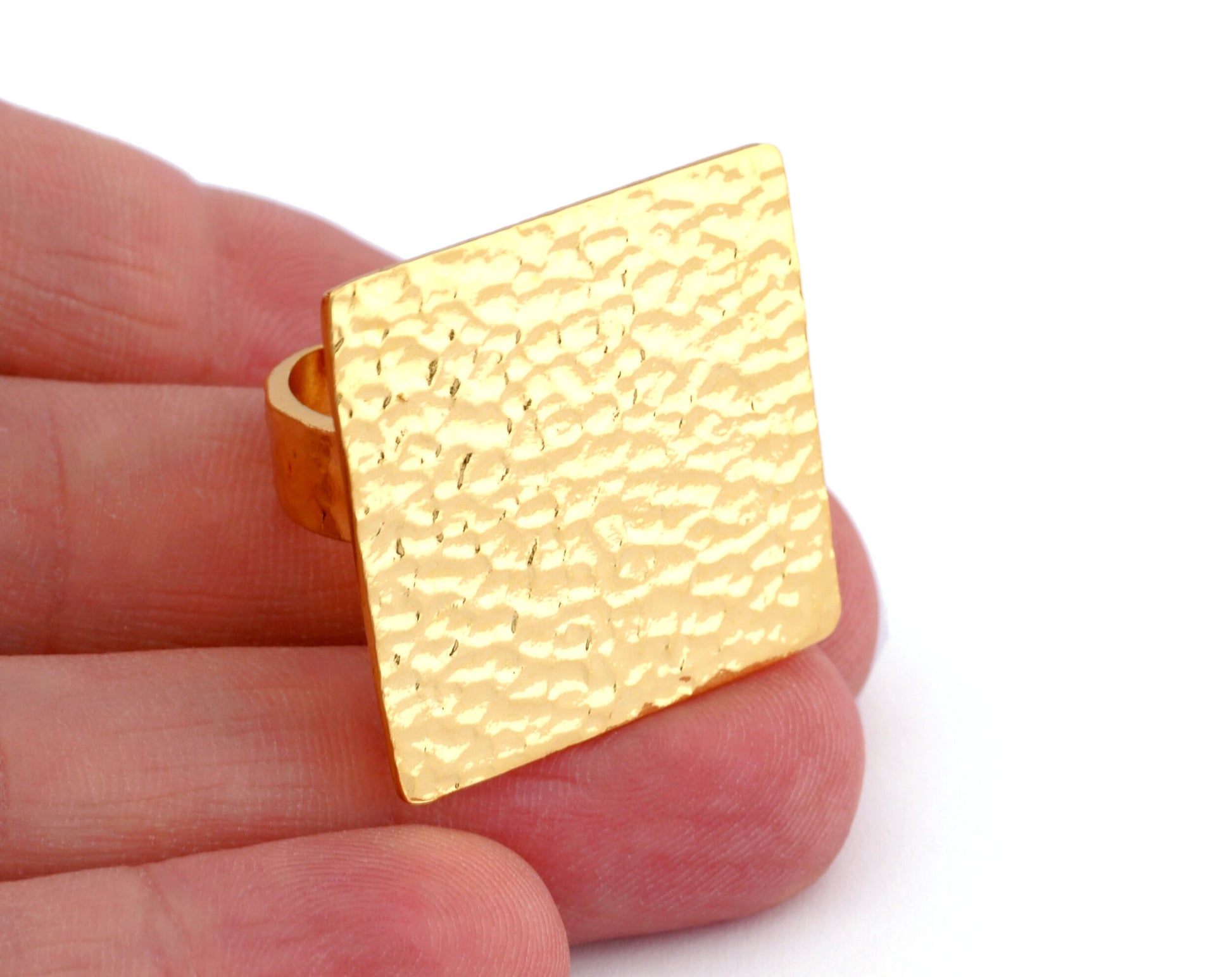 Square Hammered Adjustable Ring Blank Bezel Base - Shiny Gold Plated Brass (28mm Blank ) 4933