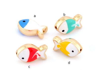 Fish Colorful Enamel Beads Charms (Both side enamel filled) Gold Tone 16x10mm 4941
