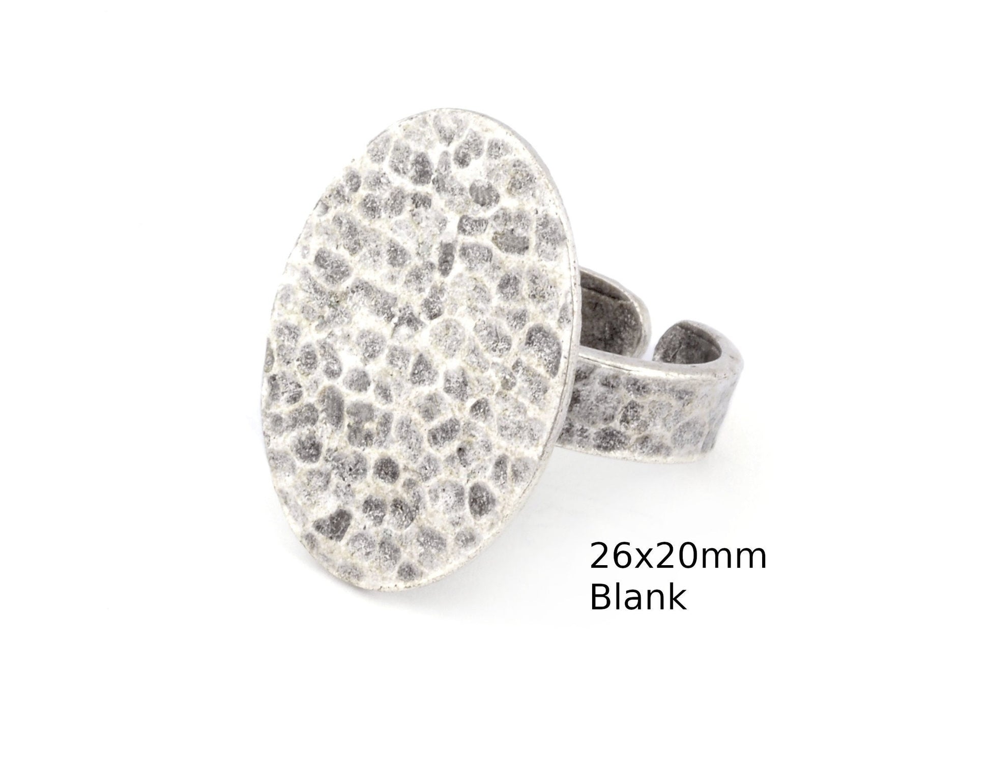 Oval Hammered Adjustable Ring Blank Bezel Base - Antique Silver Plated Brass (26x20mm Blank ) 4936