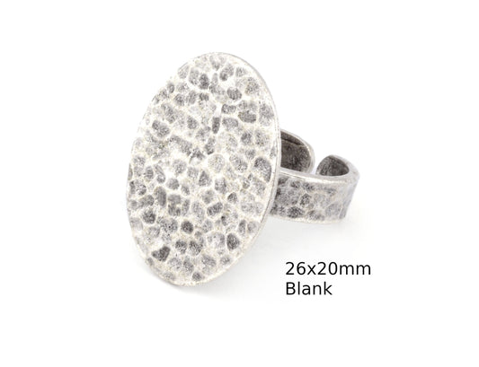Oval Hammered Adjustable Ring Blank Bezel Base - Antique Silver Plated Brass (26x20mm Blank ) 4936