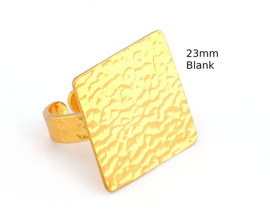Square Hammered Adjustable Ring Blank Bezel Base - Shiny Gold Plated Brass (23mm Blank ) 4934