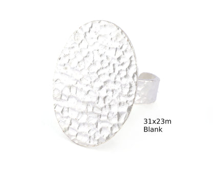 Oval Hammered Adjustable Ring Blank Bezel Base - Shiny Silver Plated Brass (30x23mm Blank ) 4935