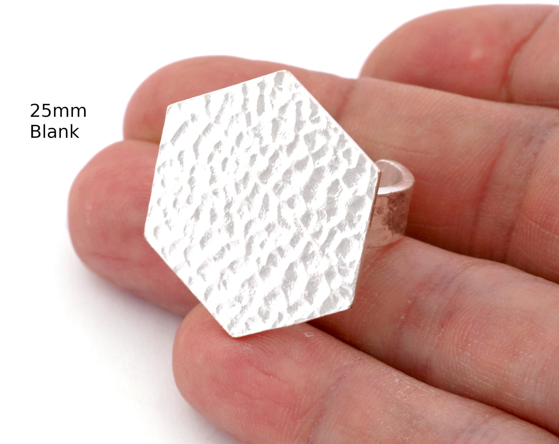 Hexagonal Hammered Adjustable Ring Blank - Shiny Silver Plated Brass (25mm Blank ) 4952