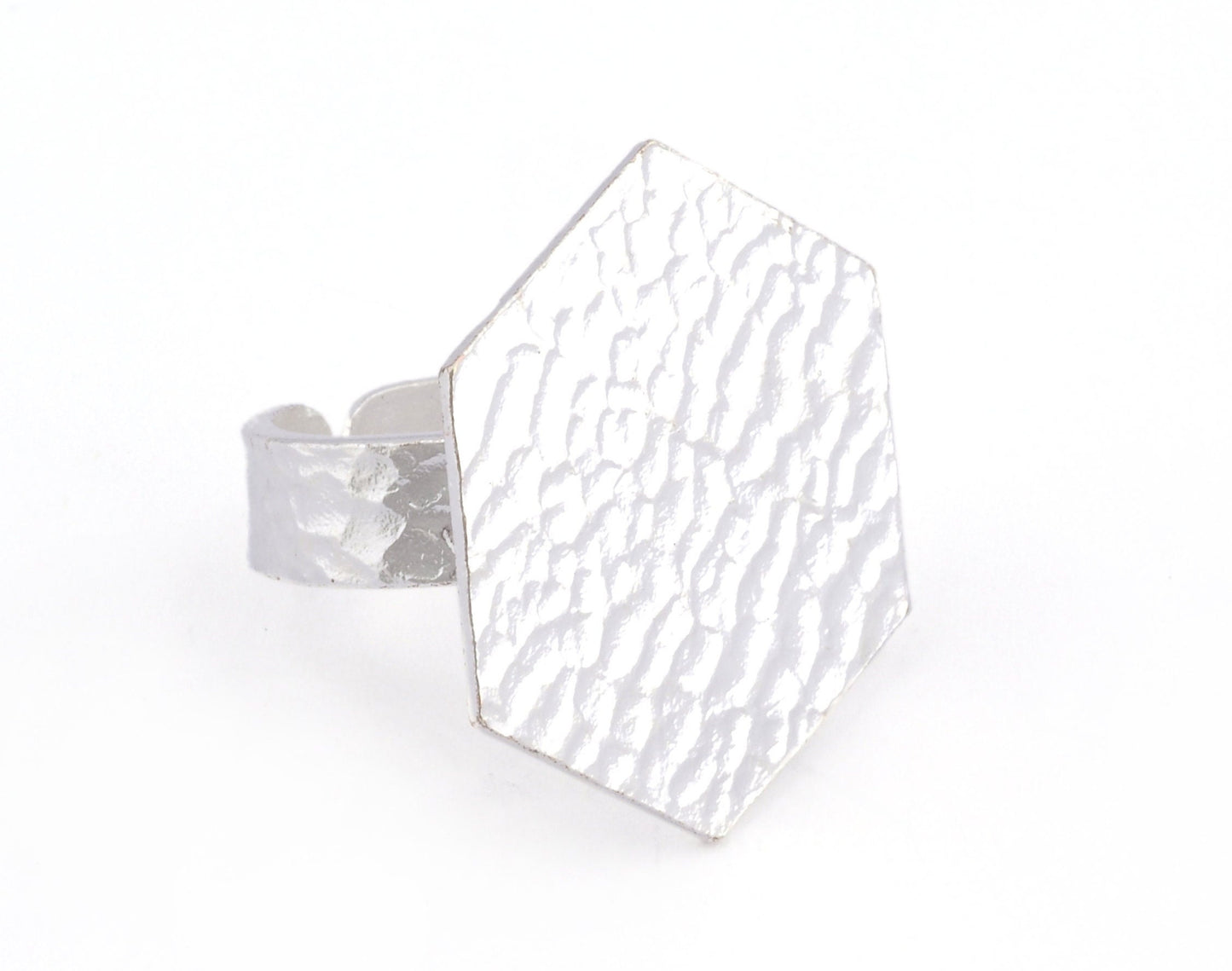 Hexagonal Hammered Adjustable Ring Blank - Shiny Silver Plated Brass (25mm Blank ) 4952
