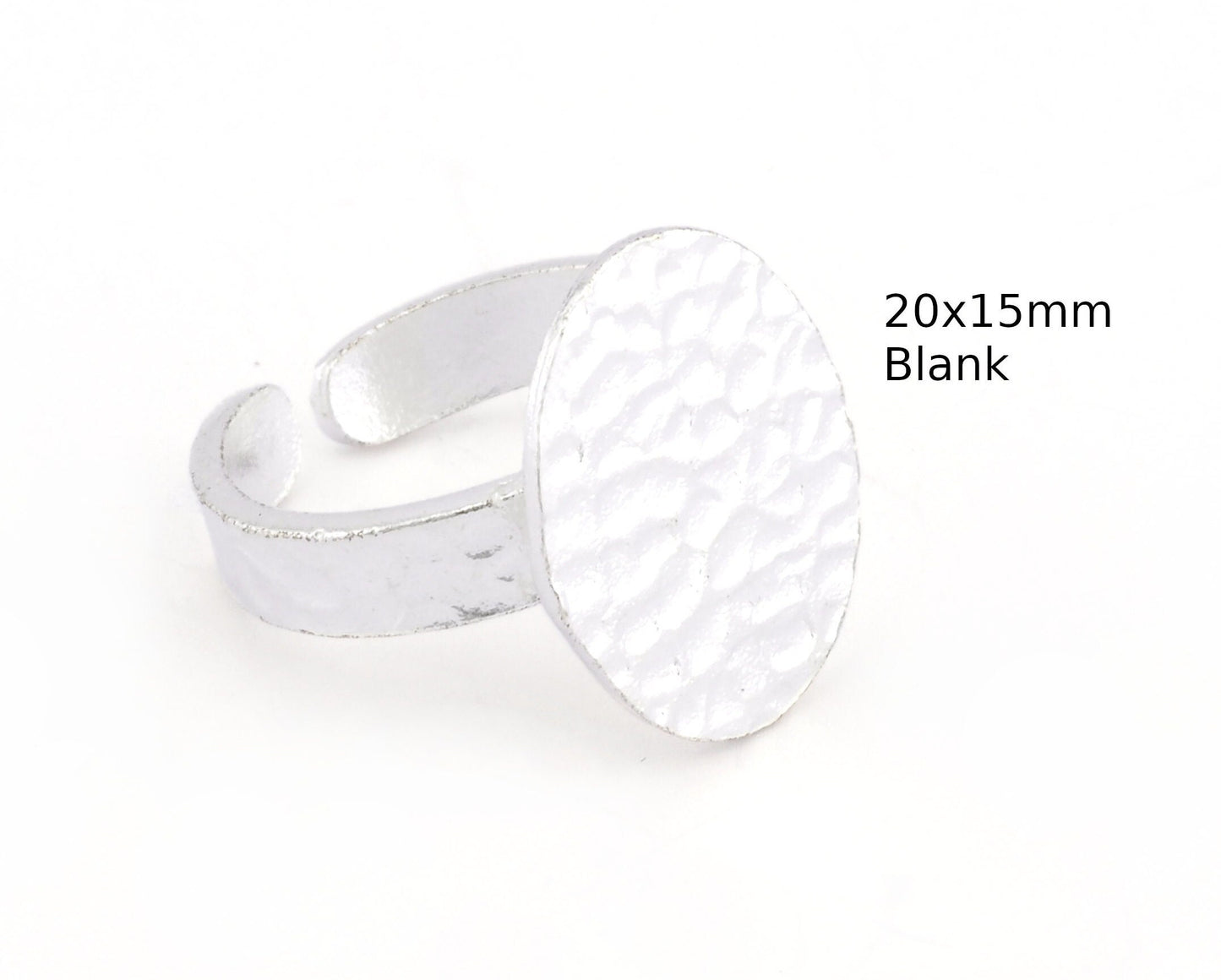 Oval Hammered Adjustable Ring Blank - Shiny Silver Plated Brass (20x15mm Blank ) 4949