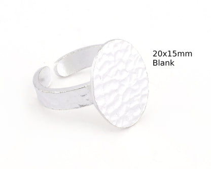 Oval Hammered Adjustable Ring Blank - Shiny Silver Plated Brass (20x15mm Blank ) 4949