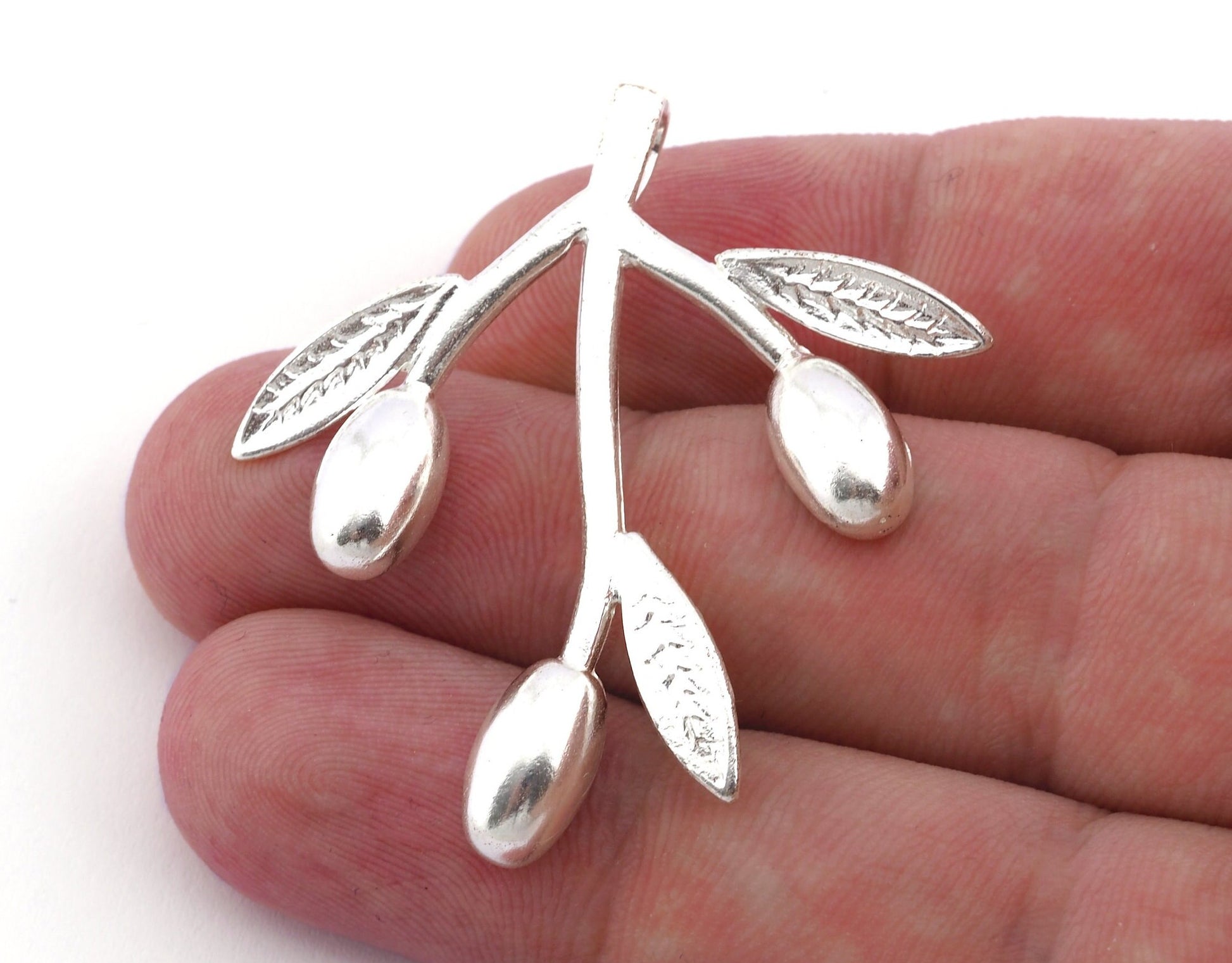 Olives Branch Leaf Charms Pendant Shiny Silver Plated Brass - 45x44mm 4937