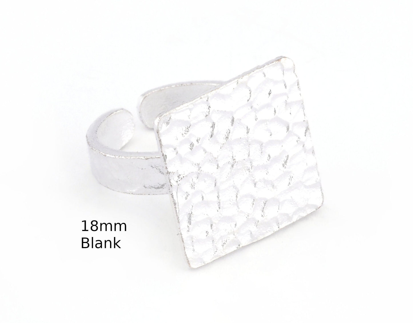 Square Hammered Adjustable Ring Blank - Shiny Silver Plated Brass (18mm Blank ) 4950