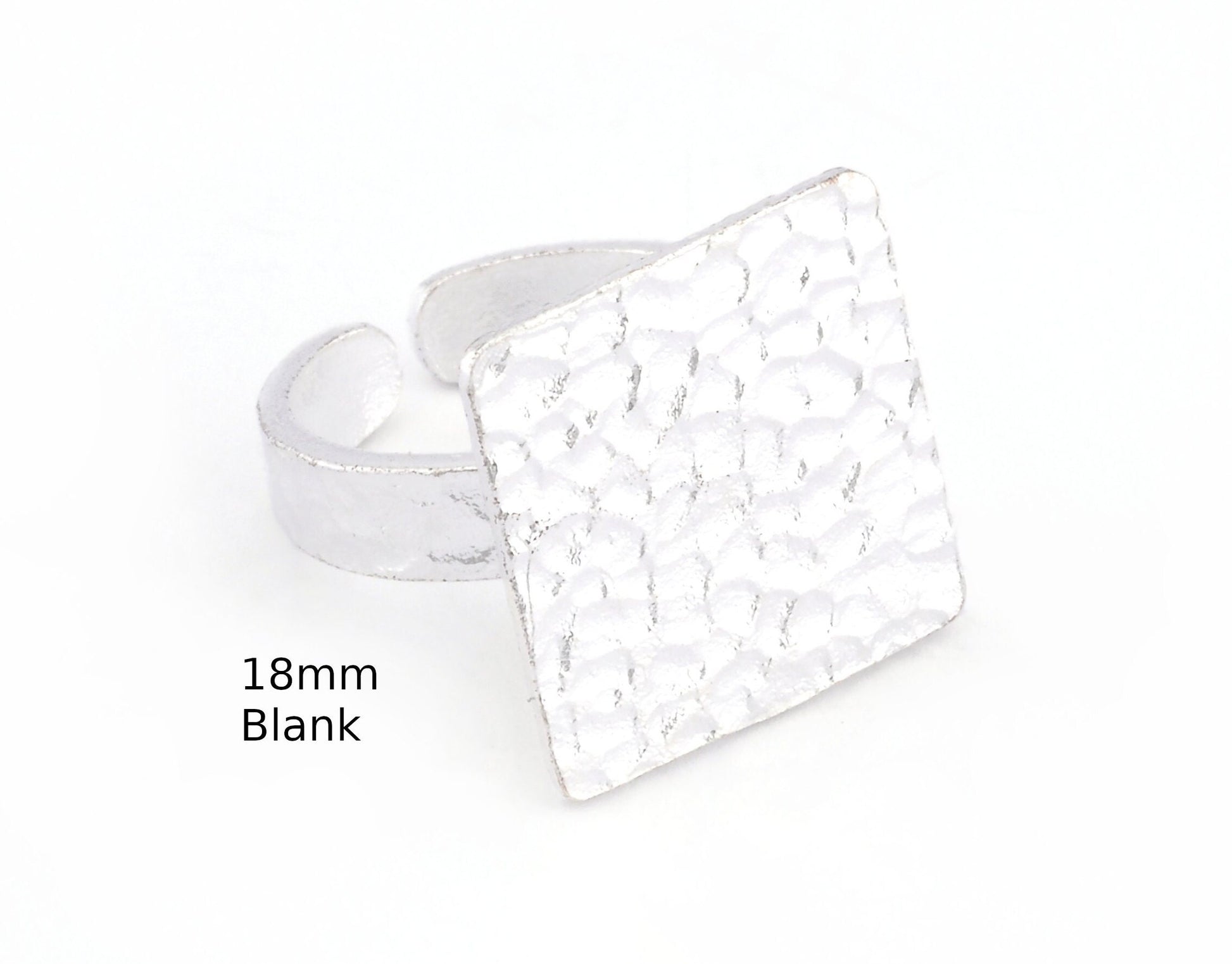 Square Hammered Adjustable Ring Blank - Shiny Silver Plated Brass (18mm Blank ) 4950