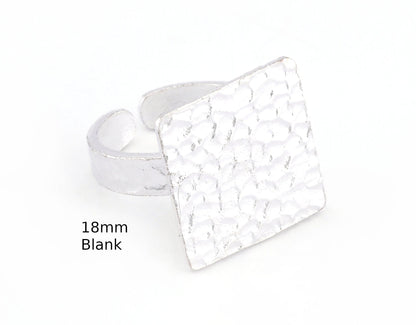 Square Hammered Adjustable Ring Blank - Shiny Silver Plated Brass (18mm Blank ) 4950
