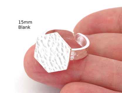 Hexagonal Hammered Adjustable Ring Blank - Antique silver plated Brass (15mm Blank ) 4947