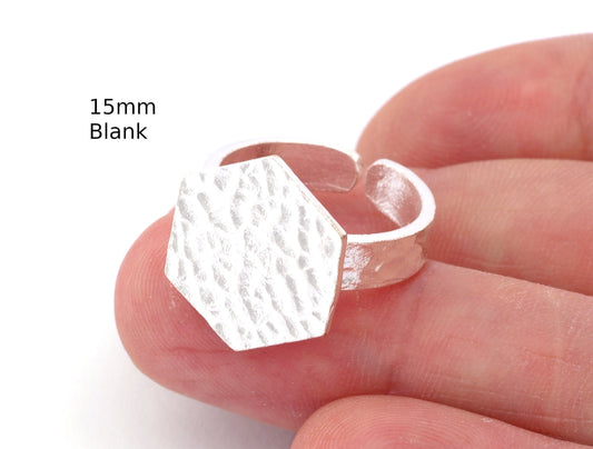 Hexagonal Hammered Adjustable Ring Blank - Antique silver plated Brass (15mm Blank ) 4947