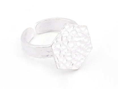 Hexagonal Hammered Adjustable Ring Blank - Antique silver plated Brass (15mm Blank ) 4947
