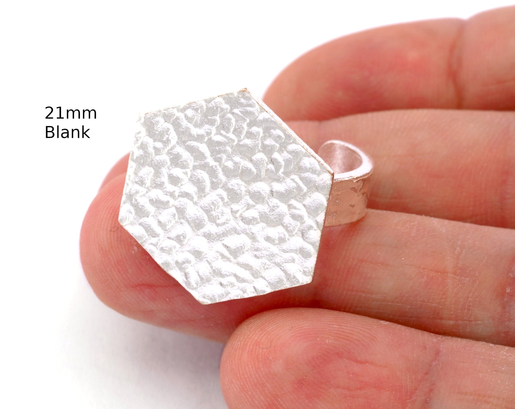 Hexagonal Hammered Adjustable Ring Blank - Shiny Silver Plated Brass (21mm Blank ) 4946