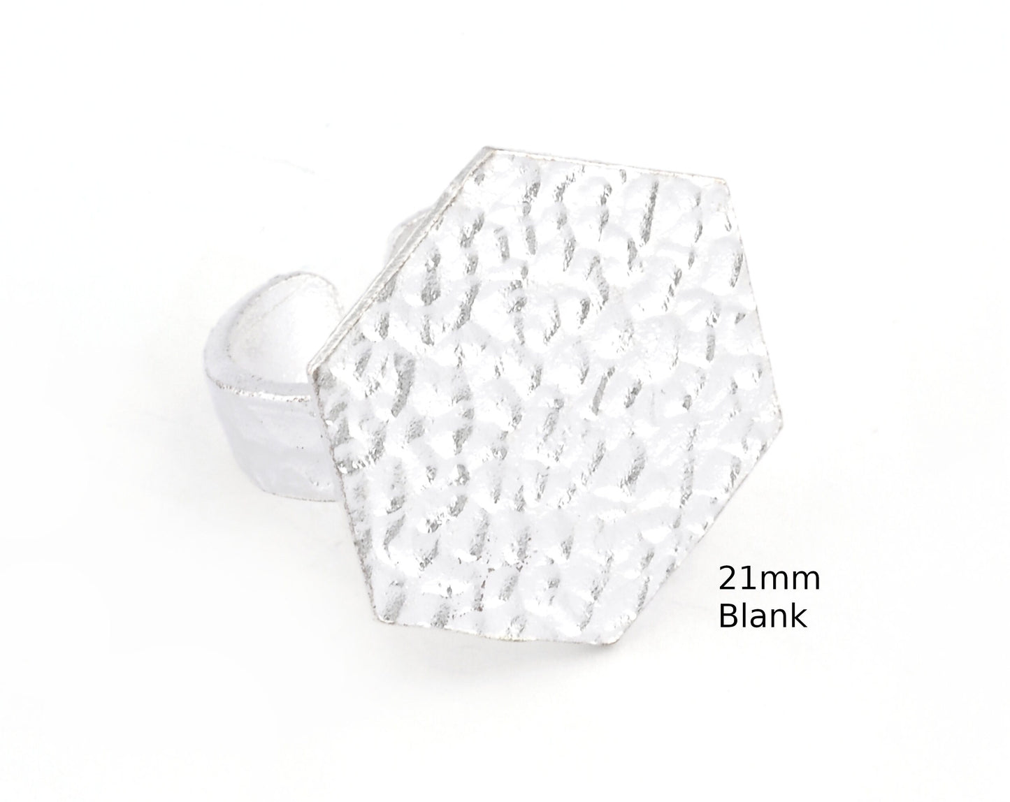 Hexagonal Hammered Adjustable Ring Blank - Shiny Silver Plated Brass (21mm Blank ) 4946