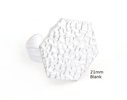 Hexagonal Hammered Adjustable Ring Blank - Shiny Silver Plated Brass (21mm Blank ) 4946