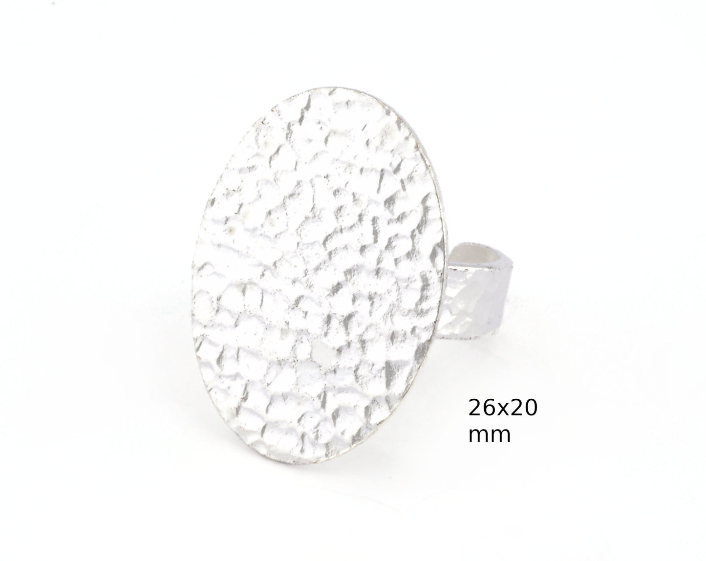 Oval Hammered Adjustable Ring Blank Bezel Base - Shiny Silver Plated Brass (26x20mm Blank ) 4936