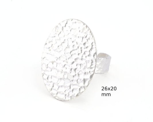 Oval Hammered Adjustable Ring Blank Bezel Base - Shiny Silver Plated Brass (26x20mm Blank ) 4936