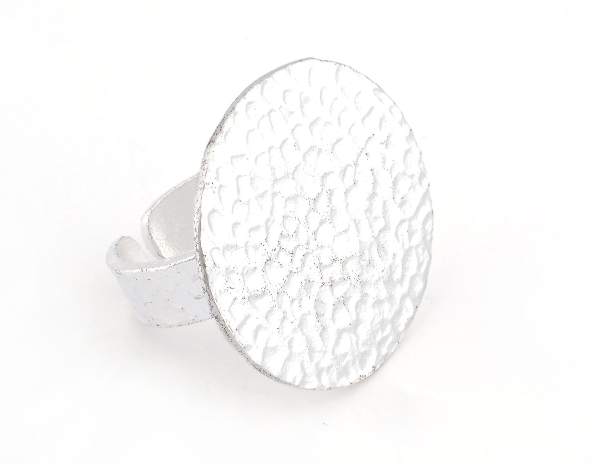 Hammered Adjustable Ring Blank - Shiny Silver Plated Brass (30mm Blank ) 4916