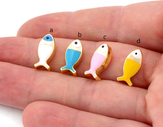 Fish Colorful Enamel Beads Charms (Both side enamel filled) Gold Tone 15x7mm 4943