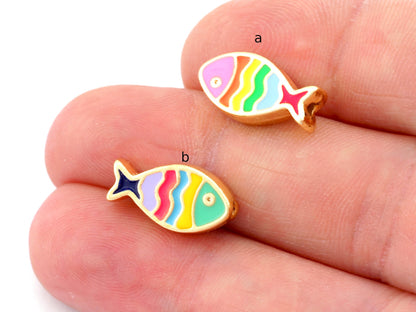 Fish Colorful Enamel Beads Charms (Both side enamel filled) Gold Tone 16x9mm 4944