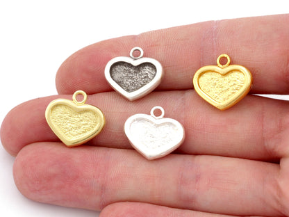 Heart Charms (Blank on both sides) Pendant Resin Blank Bezel Setting Raw Brass , Antique Shiny silver or Gold plated (13x8mm) chams 4837