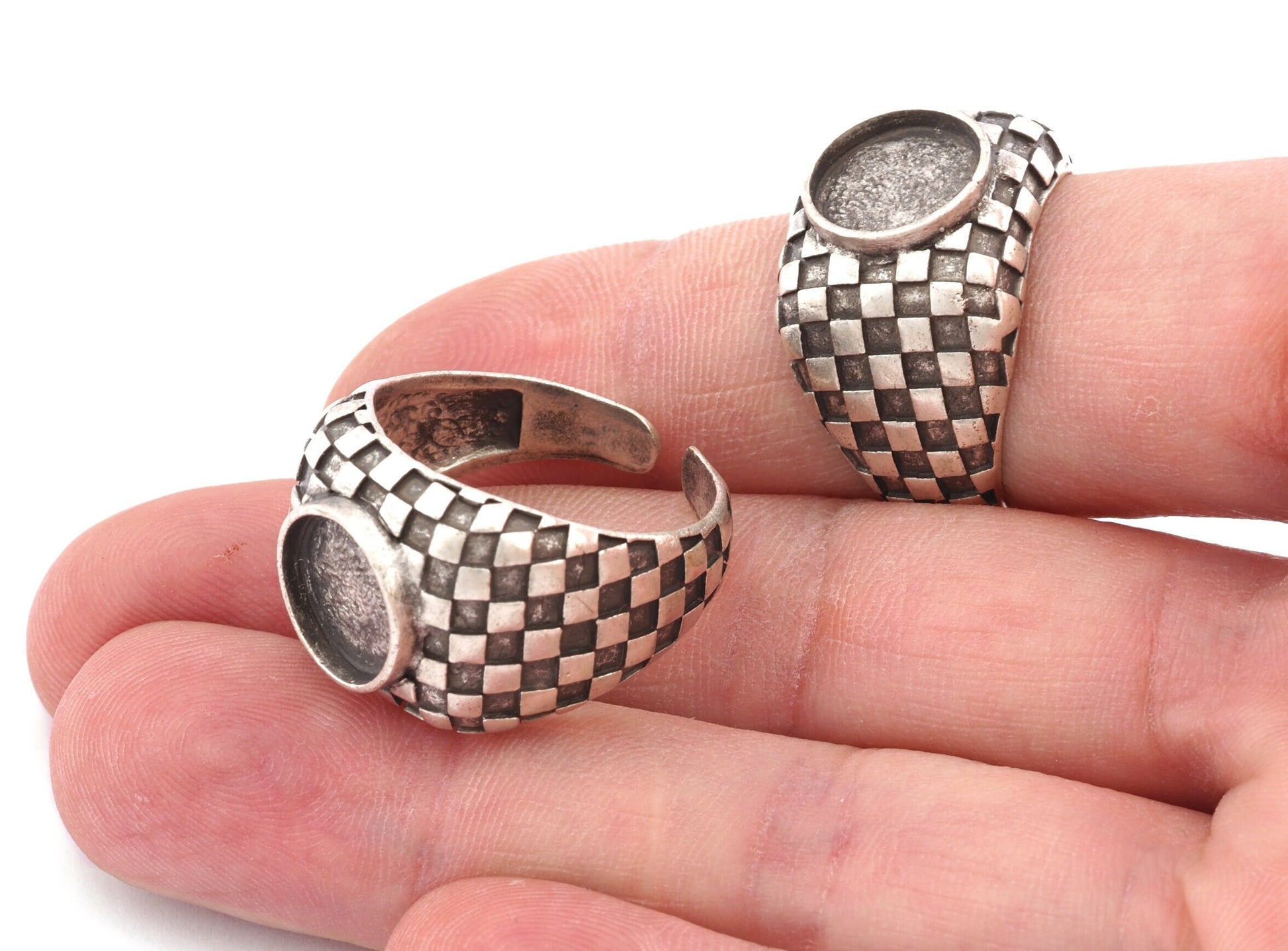 Square Checker Adjustable Ring Round Blank Bezel Setting - Antique Silver Plated Brass (10mm Blank ) 4918