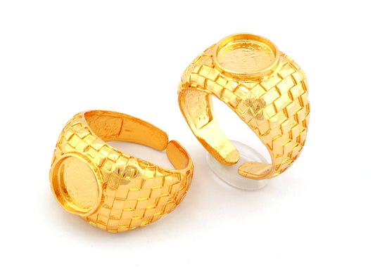 Square Checker Adjustable Ring Round Blank Bezel Setting - Shiny Gold Plated Brass (10mm Blank ) 4918