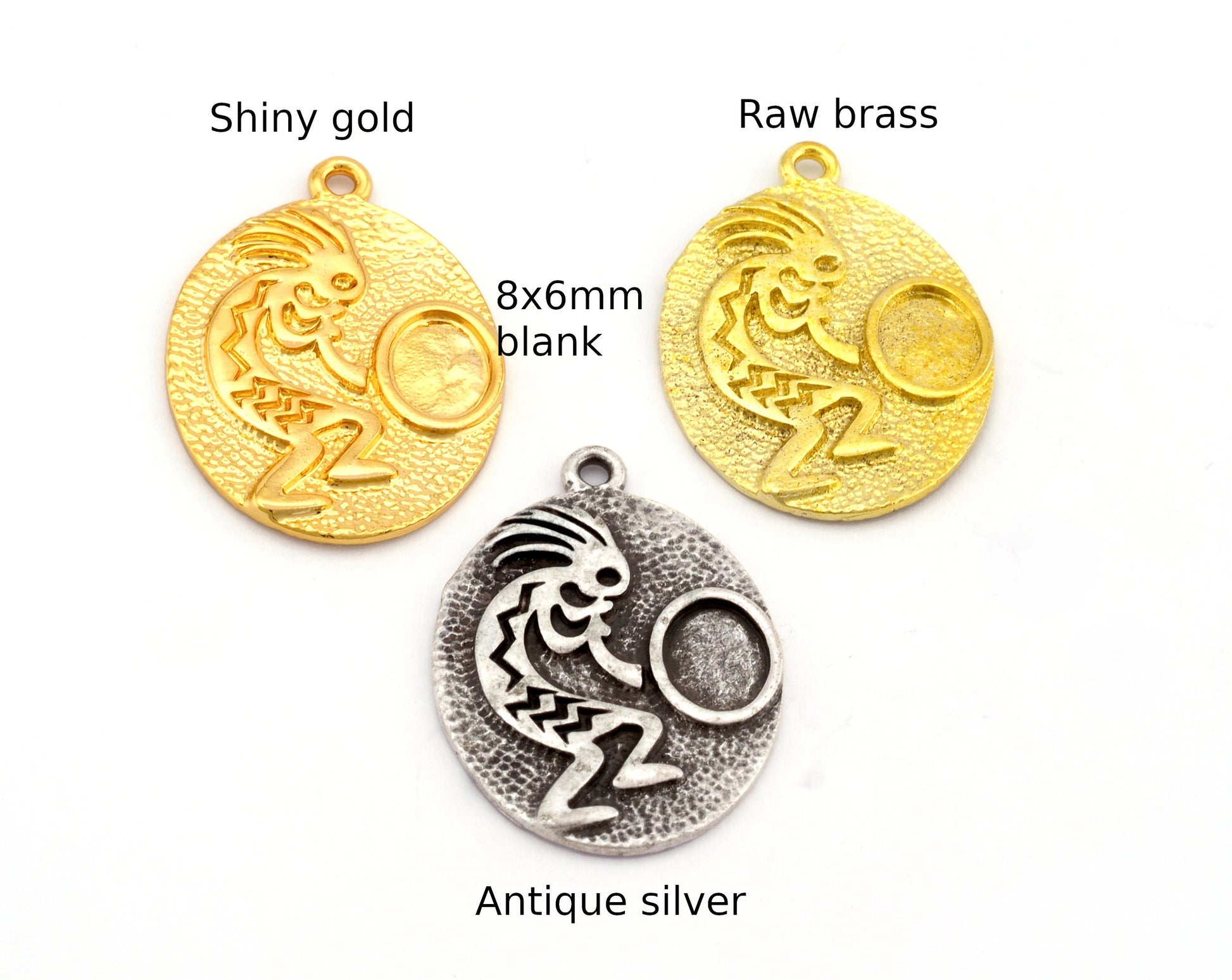 Cocopelli Oval Ethnic Tribal Instrument Charms Pendant Blank Bezel Cabochon Setting Raw Solid Brass, Antique silver, Shiny gold (8x6mm) 4919