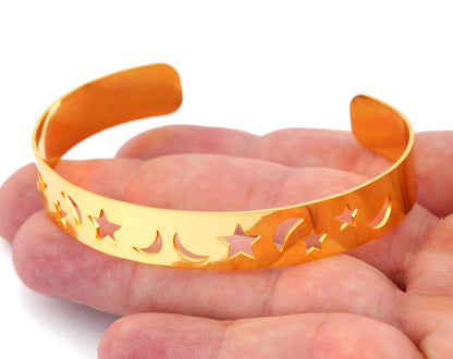 Bracelet Star Crescent Moon Shape Cuff Base Laser Handmade Cut (Size Medium - Large) Shiny gold plated brass 4856