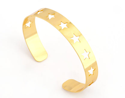 Bracelet Star Stars Shape Cuff Base Laser Handmade Cut (Size Medium - Large) Shiny gold plated brass 4856