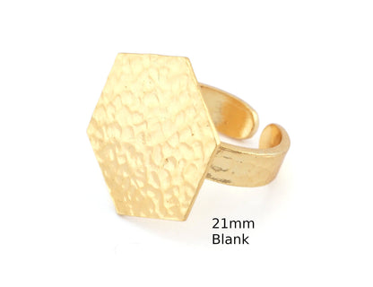 Hexagonal Hammered Adjustable Ring Blank - Shiny Gold Plated Brass (21mm Blank ) 4946
