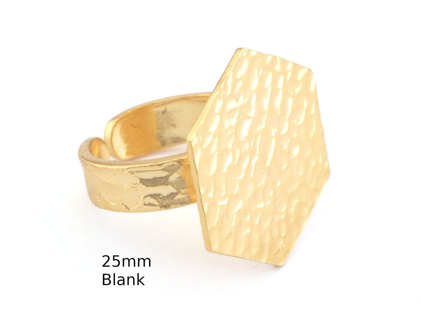 Hexagonal Hammered Adjustable Ring Blank - Shiny Gold Plated Brass (25mm Blank ) 4952