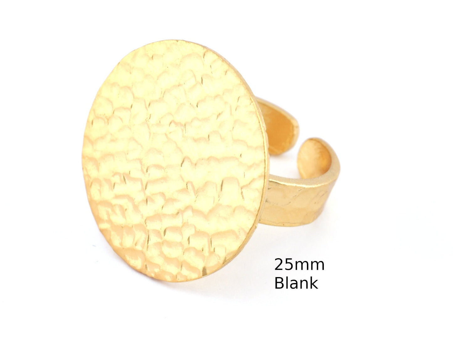 Round Hammered Adjustable Ring Blank - Shiny Gold Plated Brass (25mm Blank ) 4951