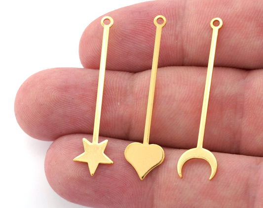 Star Heart Crascent Moon Ward Rod Pendant Charms (40x9.5mm) Shiny Gold Plated Brass 4962