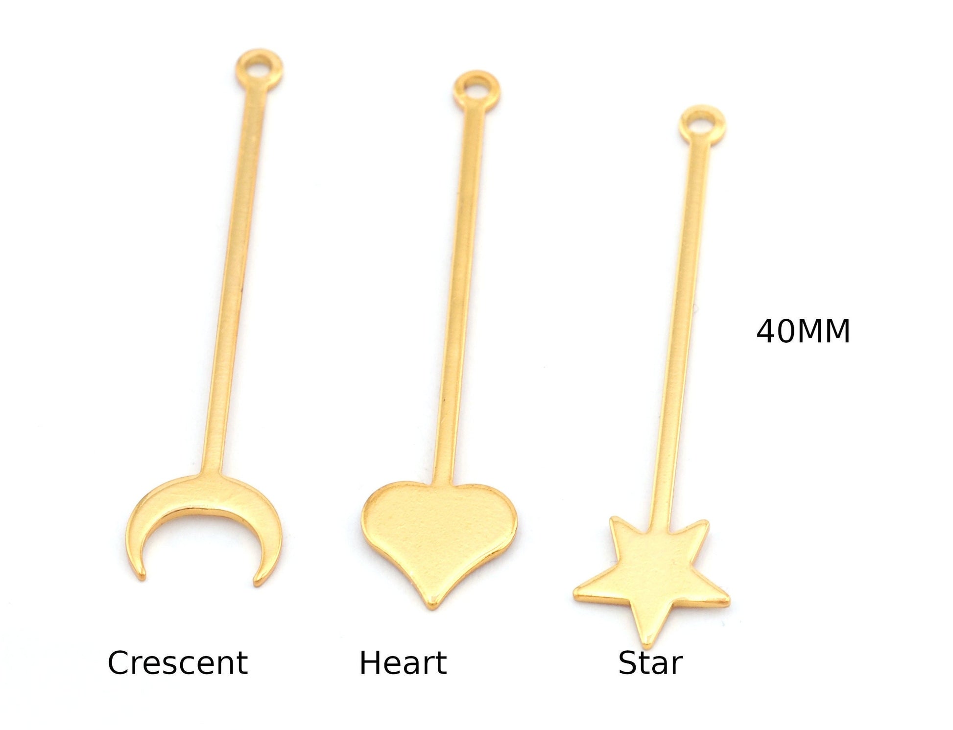 Star Heart Crascent Moon Ward Rod Pendant Charms (40x9.5mm) Shiny Gold Plated Brass 4962
