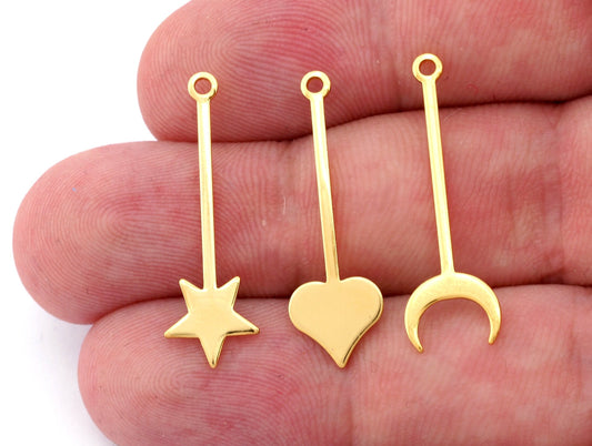 Star Heart Crescent Moon Ward Rod Pendant Charms (30x9.5mm) Shiny Gold Plated Brass 4962
