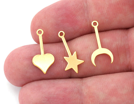 Star Heart Crescent Moon Ward Rod Pendant Charms (20x9.5mm) Shiny Gold Plated Brass 4962