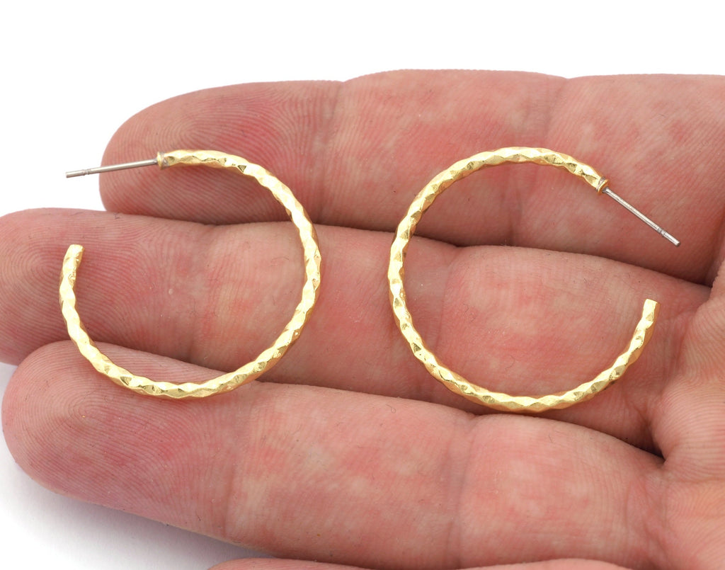 Textured Hoop Earrings Stud, Raw brass , textured 30mm 2099