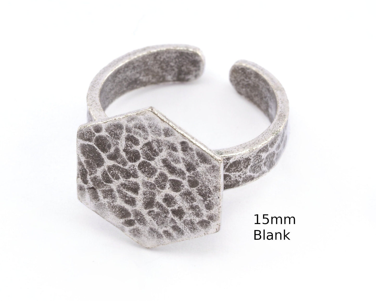 Hexagonal Hammered Adjustable Ring Blank - Antique silver plated Brass (15mm Blank ) 4947