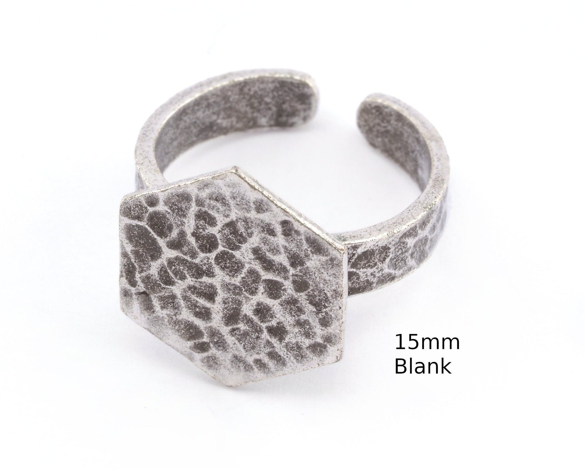 Hexagonal Hammered Adjustable Ring Blank - Antique silver plated Brass (15mm Blank ) 4947