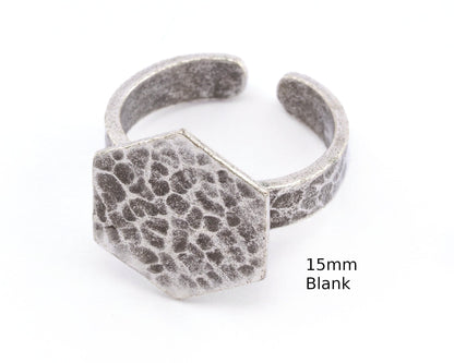 Hexagonal Hammered Adjustable Ring Blank - Antique silver plated Brass (15mm Blank ) 4947