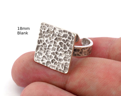 Square Hammered Adjustable Ring Blank - Antique Silver Plated Brass (18mm Blank ) 4950
