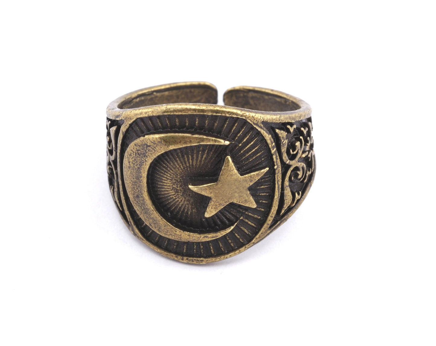 Signet Ring Crescent Star Adjustable Ring Antique Brass Plated brass (20mm 10US inner size) OZ3827