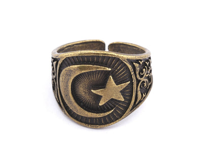 Signet Ring Crescent Star Adjustable Ring Antique Brass Plated brass (20mm 10US inner size) OZ3827